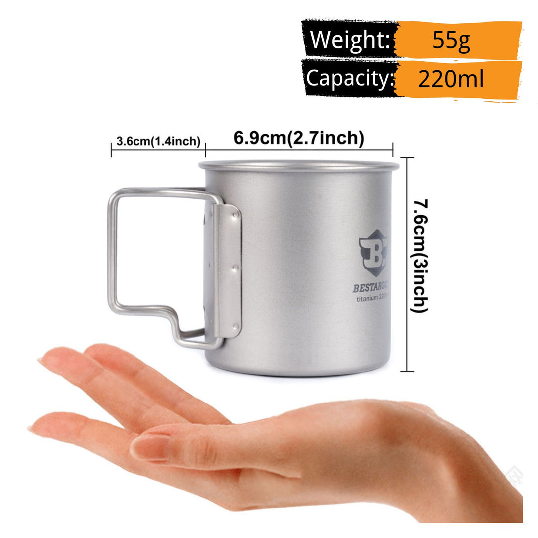 Bestargot 220ml Titan Becher mit Faltbarem Griff – Ultraleichte Camping Tasse für Outdoor & Trekking