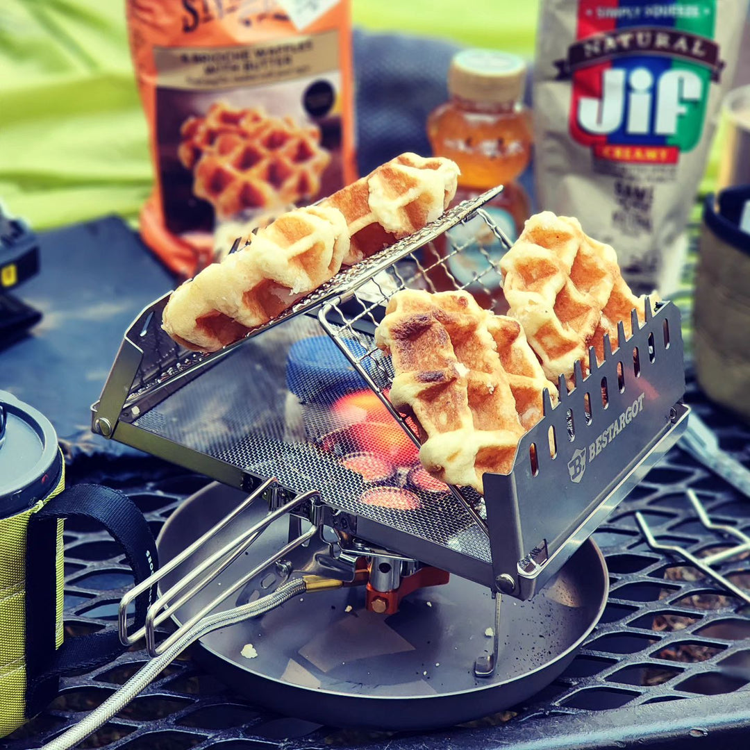 Camping Toaster für Gaskocher aus Edelstahl, Toastablett Toastregal mit faltbarem Ständer