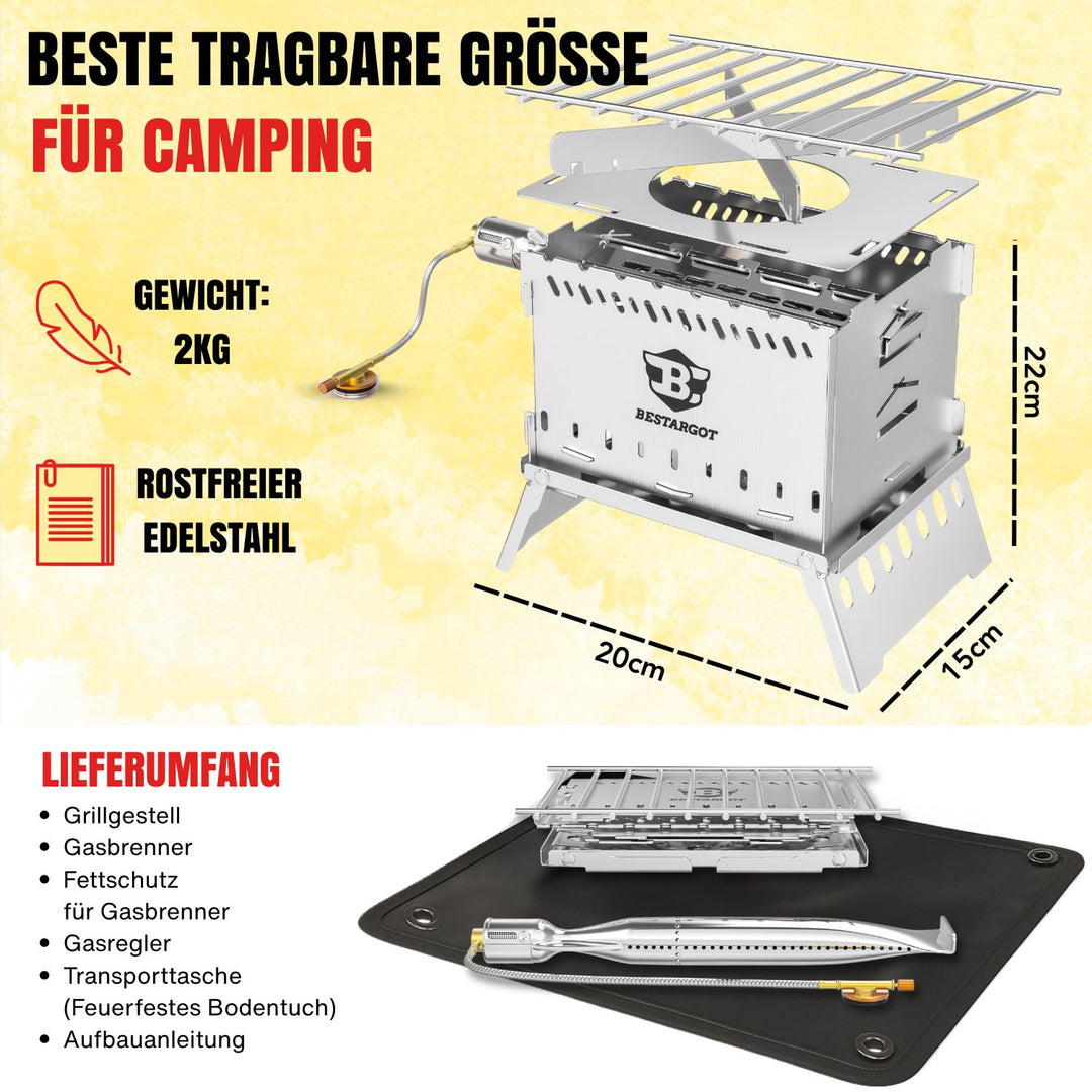 Bestargot Camping Gasgrill Klein– Tragbarer Edelstahl Gasgrill für Camping, Outdoor & Trekking | Kompakt & Vielseitig