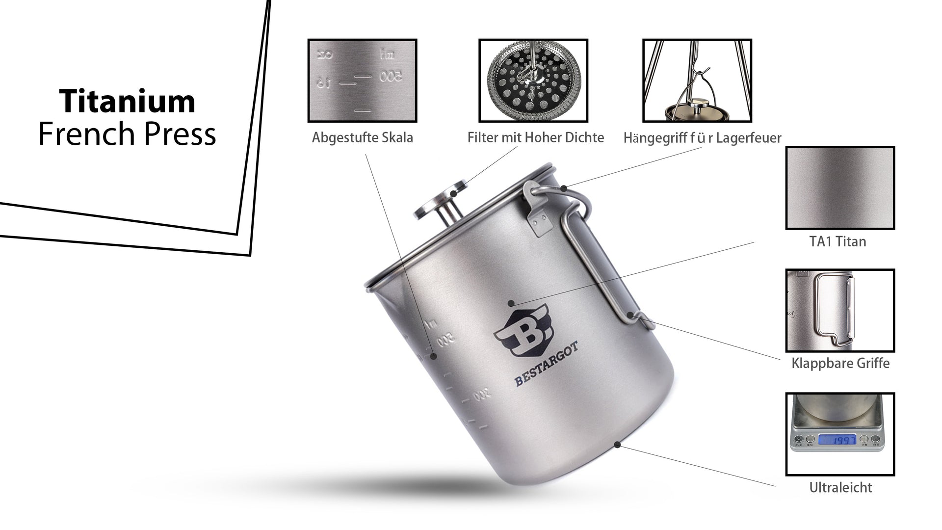 Bestargot Camping Titanium 750ml Topf mit Isoliertem Becherträger