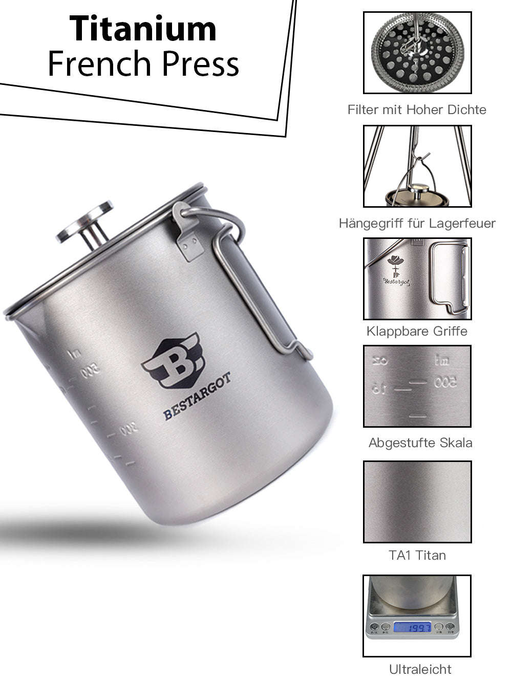 Bestargot Camping Titanium 750ml Topf mit Isoliertem Becherträger