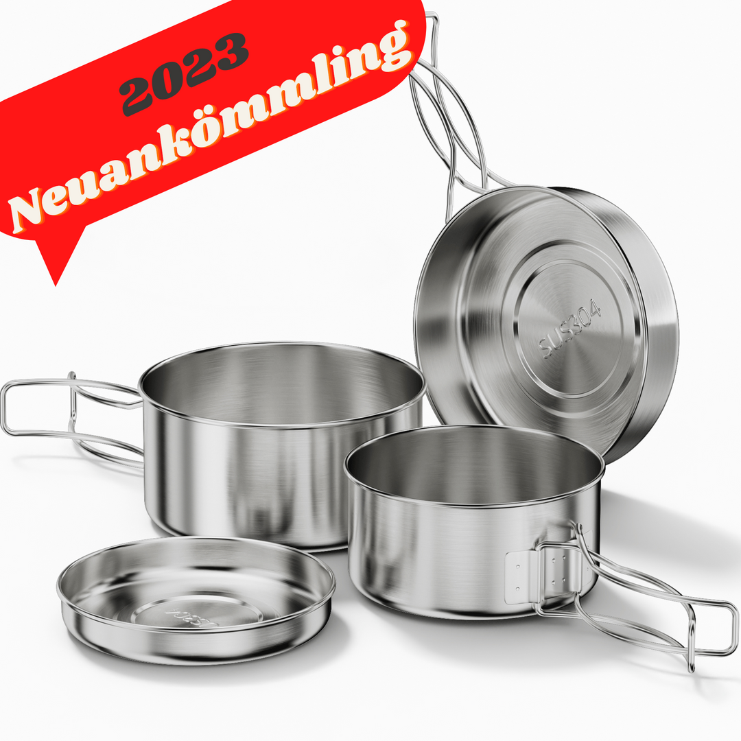 Camping Kochgeschirr Set Edelstahl, 4-teiliges Camping Topf Pfanne Set, 600ml und 900ml, Faltbar und Stapelbar