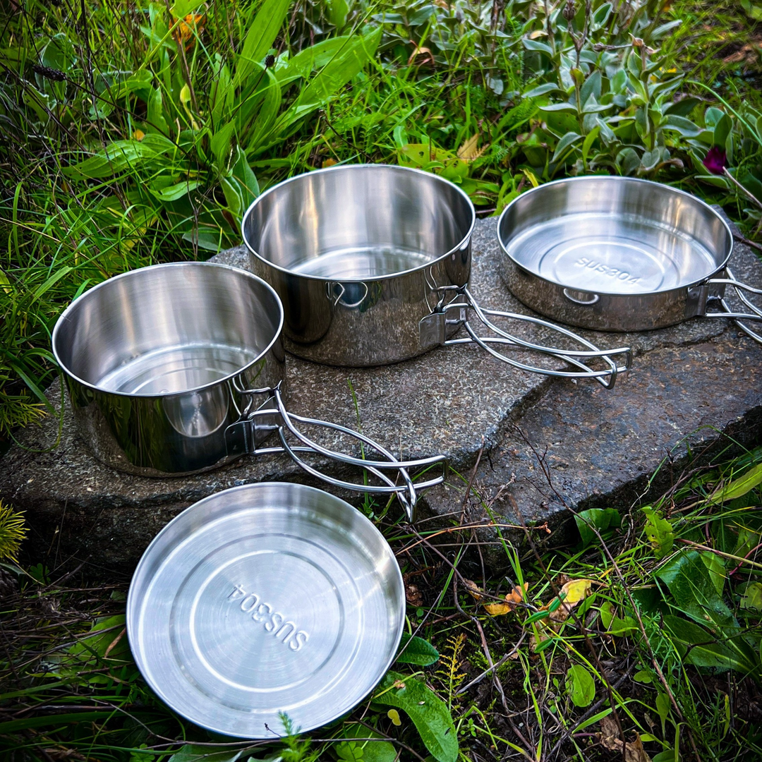 Camping Kochgeschirr Set Edelstahl, 4-teiliges Camping Topf Pfanne Set, 600ml und 900ml, Faltbar und Stapelbar
