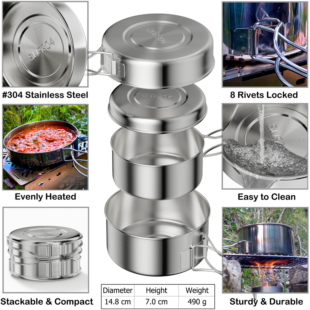 Camping Kochgeschirr Set Edelstahl, 4-teiliges Camping Topf Pfanne Set, 600ml und 900ml, Faltbar und Stapelbar