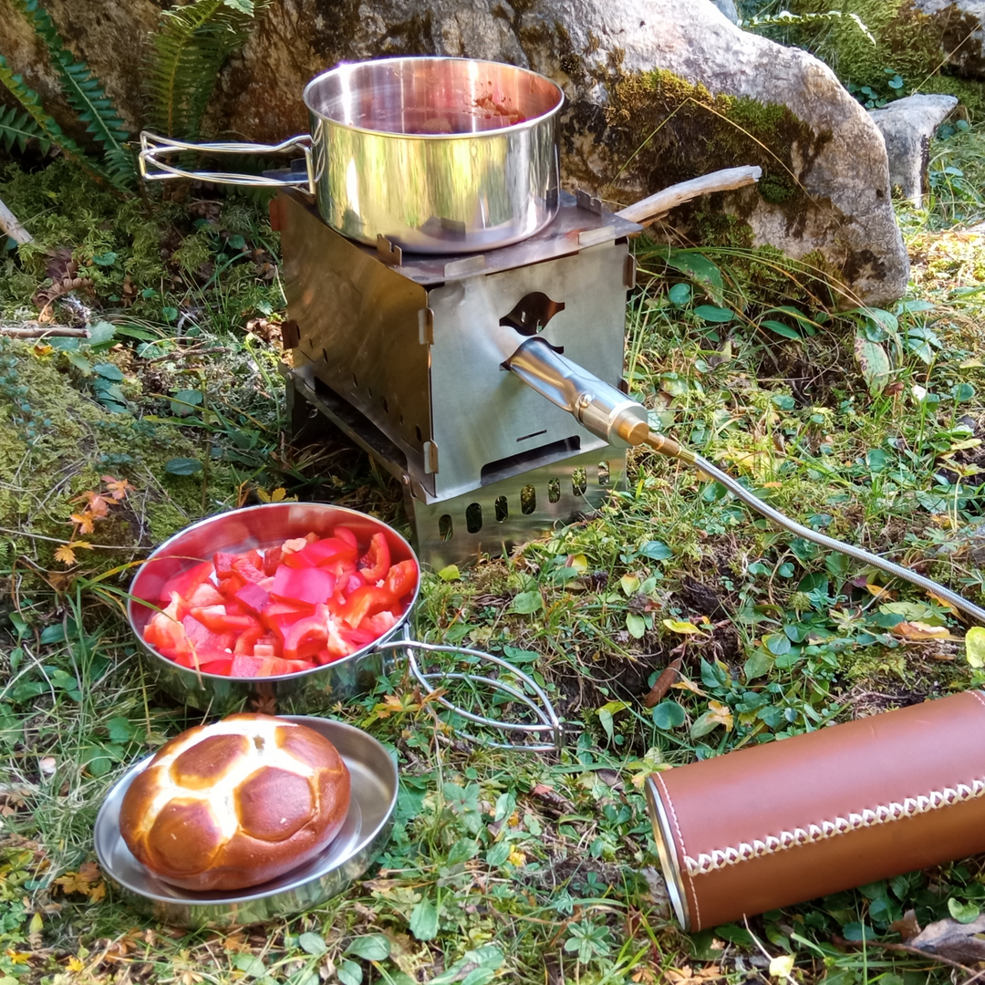 Camping-Kochset Edelstahl, 4-teiliges Camping Topf Pfanne Set, 600ml und 900ml, Faltbar und Stapelbar